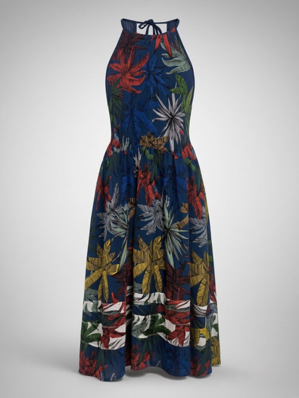 Navy Blue Tropical Palm Tree Print Halter Cut-out Back Dress